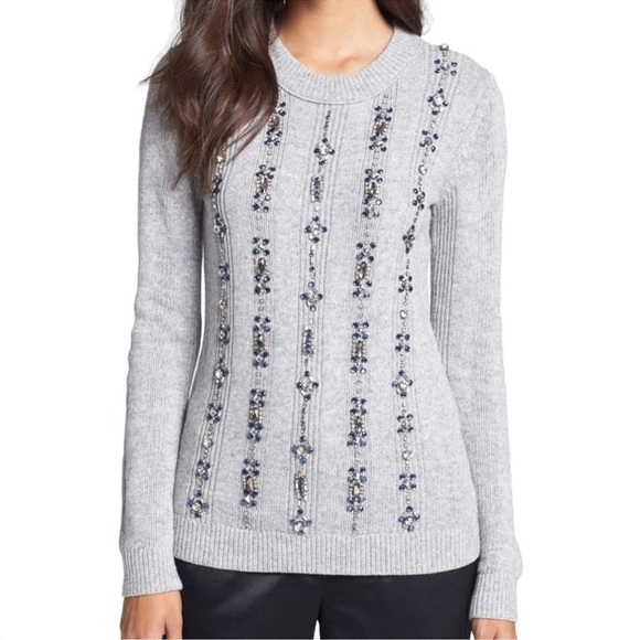 Tory Burch - Grey Knit Sweater w/ Rhinestone & Blue Gem Embellishments - Picture 1 of 15